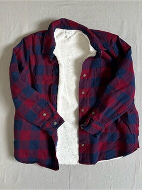 J. Crew Sherpa Lined Flannel Jacket Buffalo Plaid Red Navy Shacket Mens L